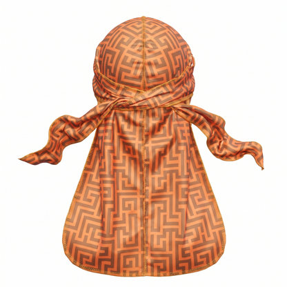 Orange and Brown Maze geometric Satin Silky Durag - premium silky durag back view showing wrap straps, tail and stitching