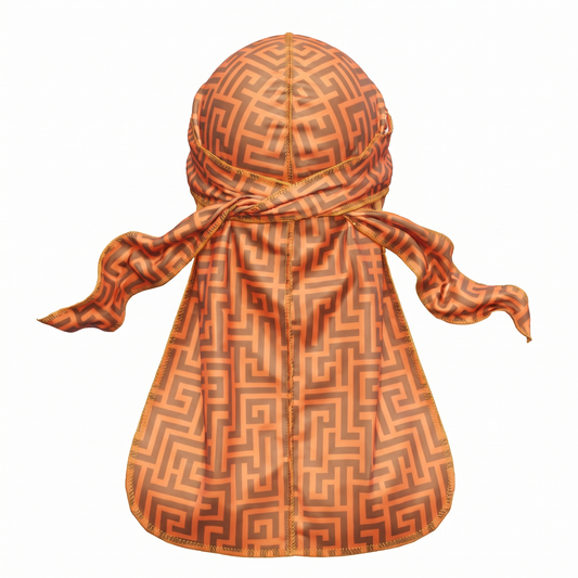 Orange and Brown Maze geometric Satin Silky Durag - premium silky durag back view showing wrap straps, tail and stitching