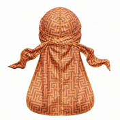Orange and Brown Maze geometric Satin Silky Durag - premium silky durag back view showing wrap straps, tail and stitching