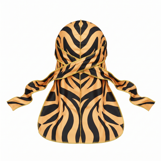 Tiger stripe animal print Satin Silky Durag - premium silky durag back view showing wrap straps, tail and stitching