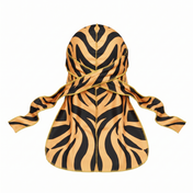 Tiger stripe animal print Satin Silky Durag - premium silky durag back view showing wrap straps, tail and stitching