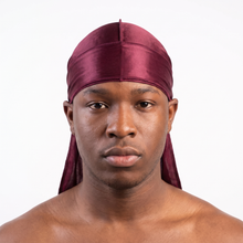 Premium Wine Red Silk Durag worn by male model, front view on white background