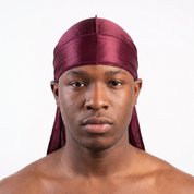Premium Wine Red Silk Durag worn by male model, front view on white background