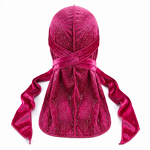 Premium Ruby Pink Hologram Sparkle Velvet Durag - premium durag back view showing wrap straps, tail and stitching