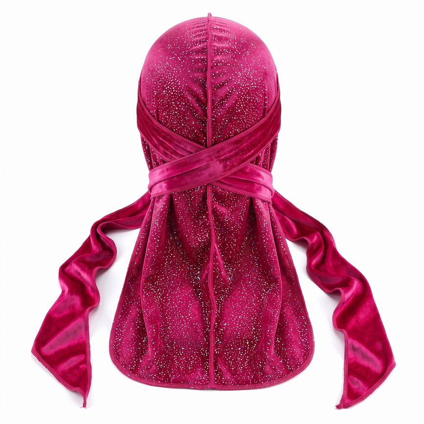 Premium Ruby Pink Hologram Sparkle Velvet Durag - premium durag back view showing wrap straps, tail and stitching