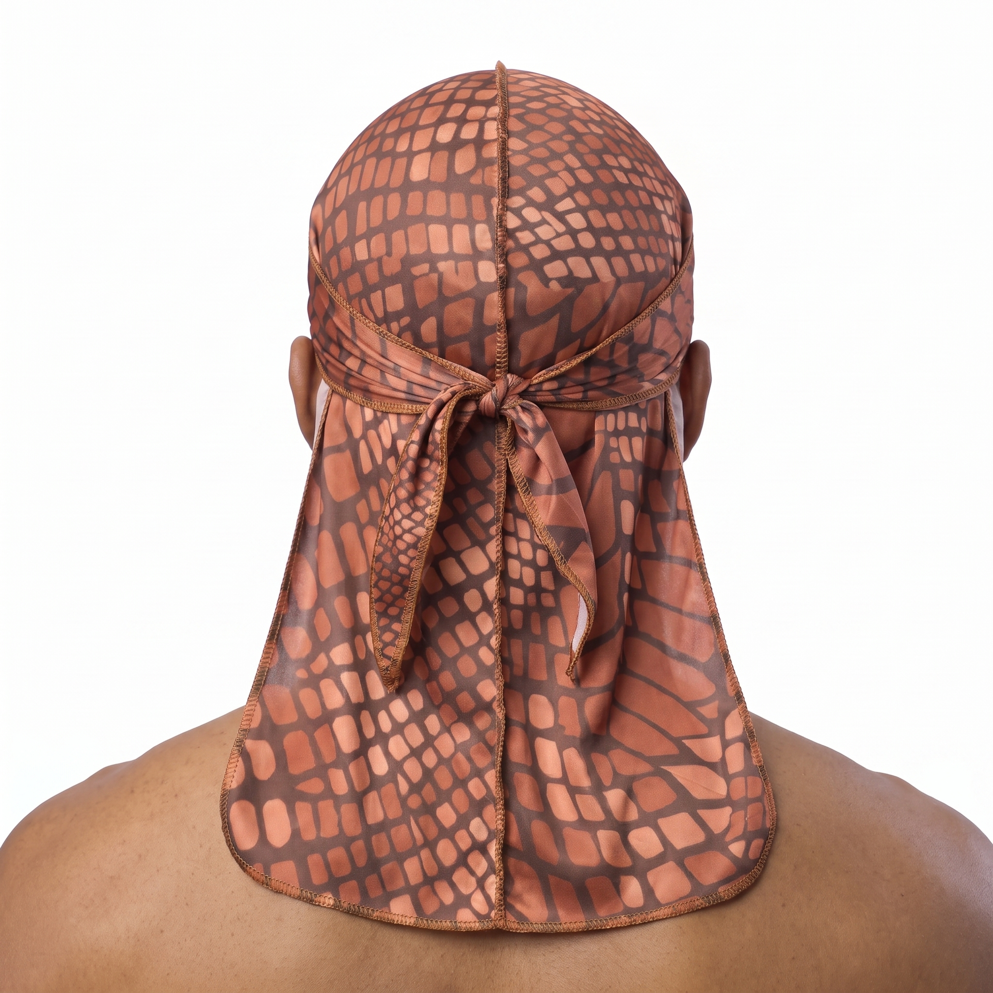 Clay reptile snakeskin Satin Silky Durag worn by male model, back view showing tied wrap and tail