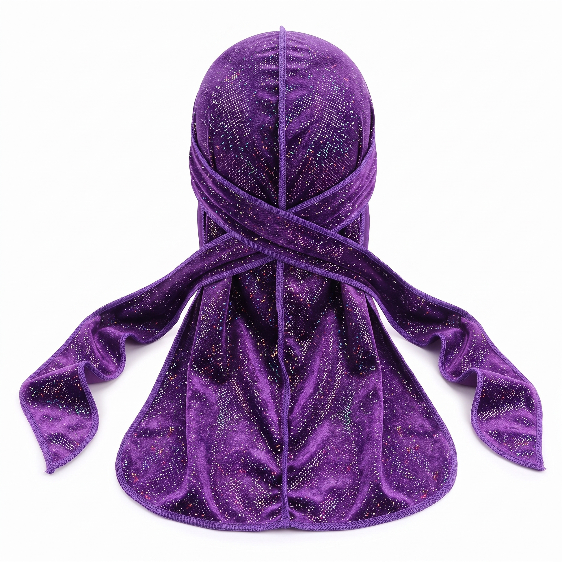 Premium Purple Hologram Sparkle Velvet Durag - premium durag back view showing wrap straps, tail and stitching