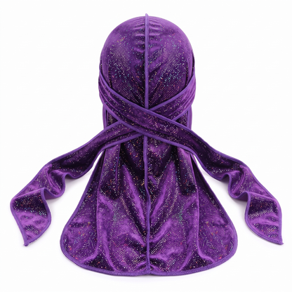 Premium Purple Hologram Sparkle Velvet Durag - premium durag back view showing wrap straps, tail and stitching
