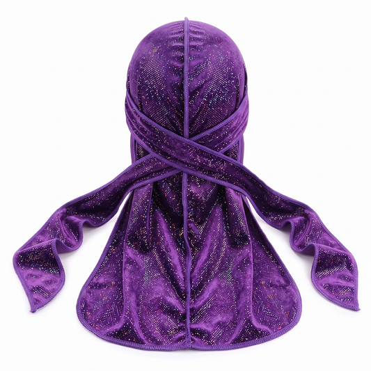 Premium Purple Hologram Sparkle Velvet Durag - premium durag back view showing wrap straps, tail and stitching