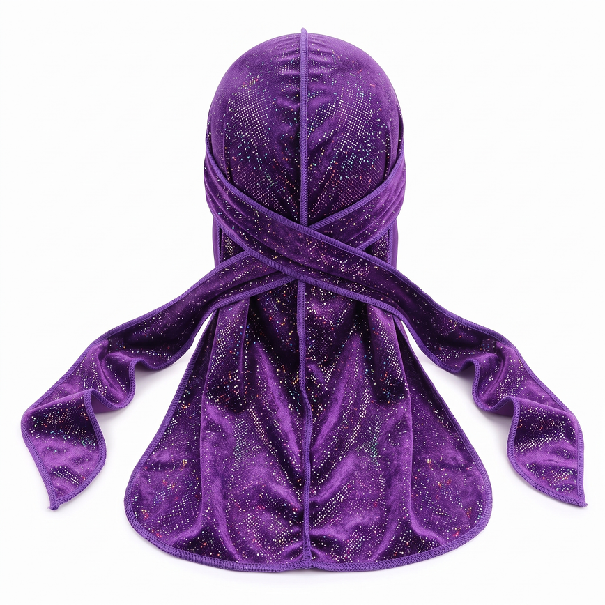 Premium Purple Hologram Sparkle Velvet Durag - premium durag back view showing wrap straps, tail and stitching