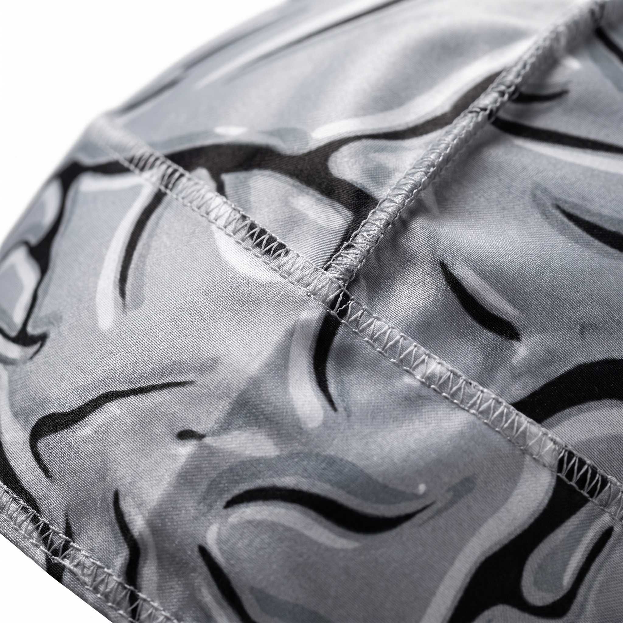 Grey Brains graphic Satin Silky Durag fabric close-up showing Grey Brains graphic print and stitching detail