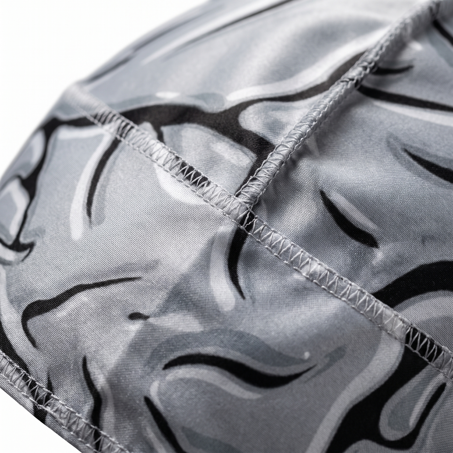 Grey Brains graphic Satin Silky Durag fabric close-up showing Grey Brains graphic print and stitching detail