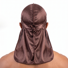 Premium Silk Durag Coffee Brown worn by male model, back view showing tied wrap and tail