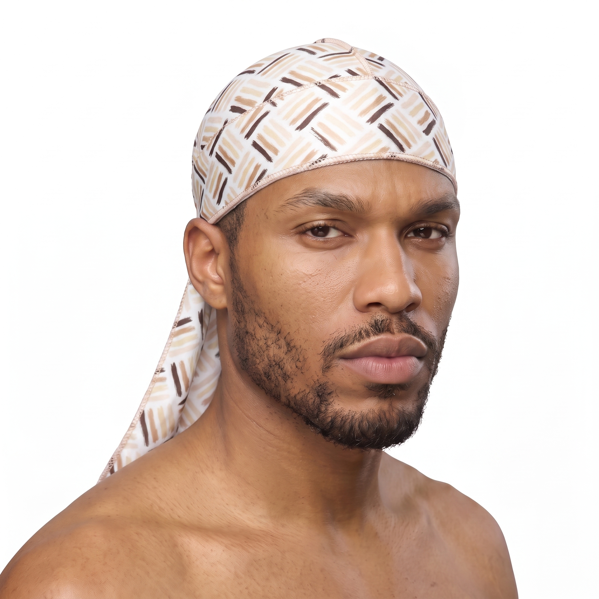 Black Power 3 graphic Satin Silky Durag worn by male model, front view on white background