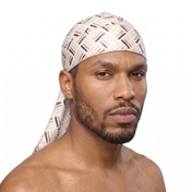 Black Power 3 graphic Satin Silky Durag worn by male model, front view on white background