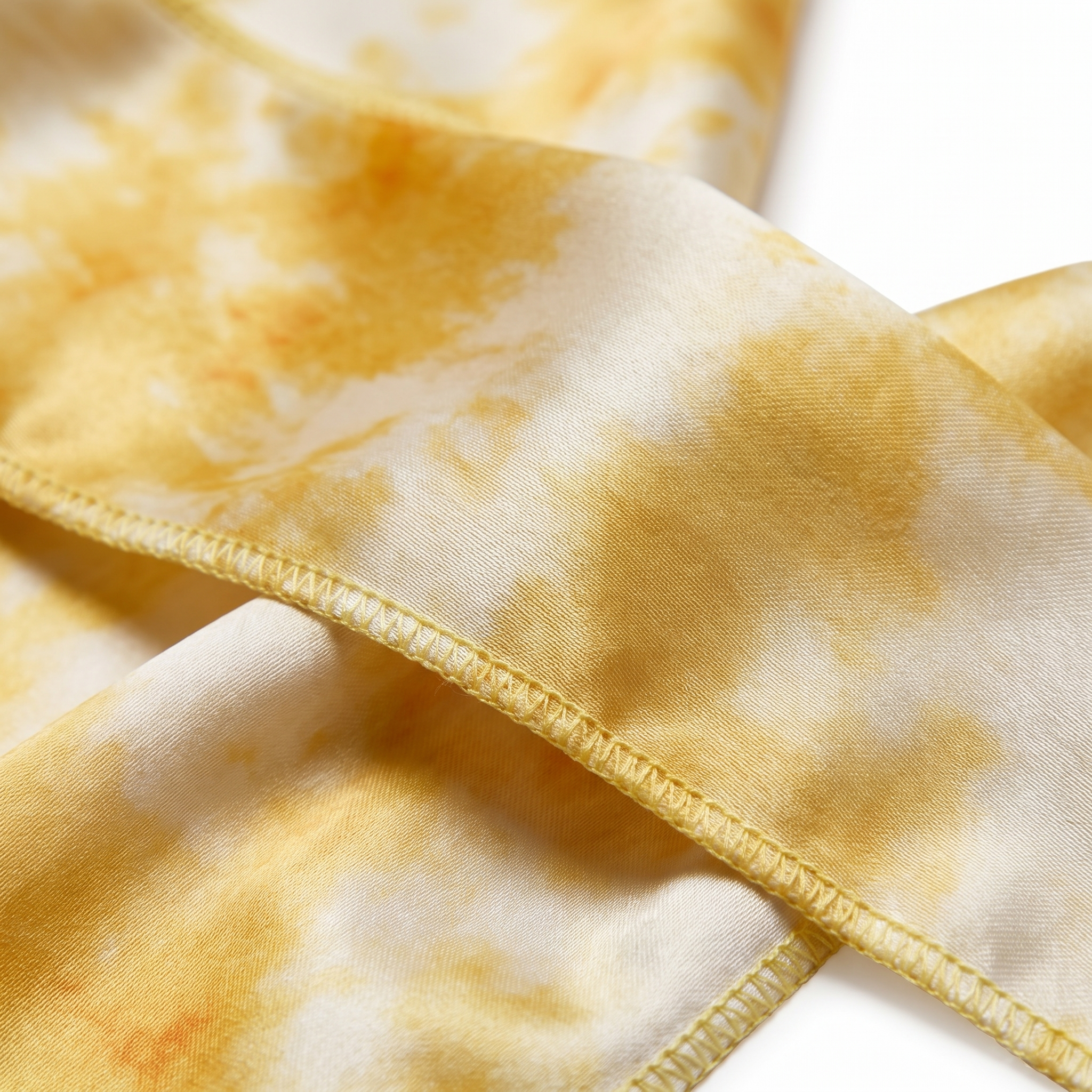 Gold Tye Dye Satin Silky Durag fabric close-up showing Gold Tye Dye print and stitching detail