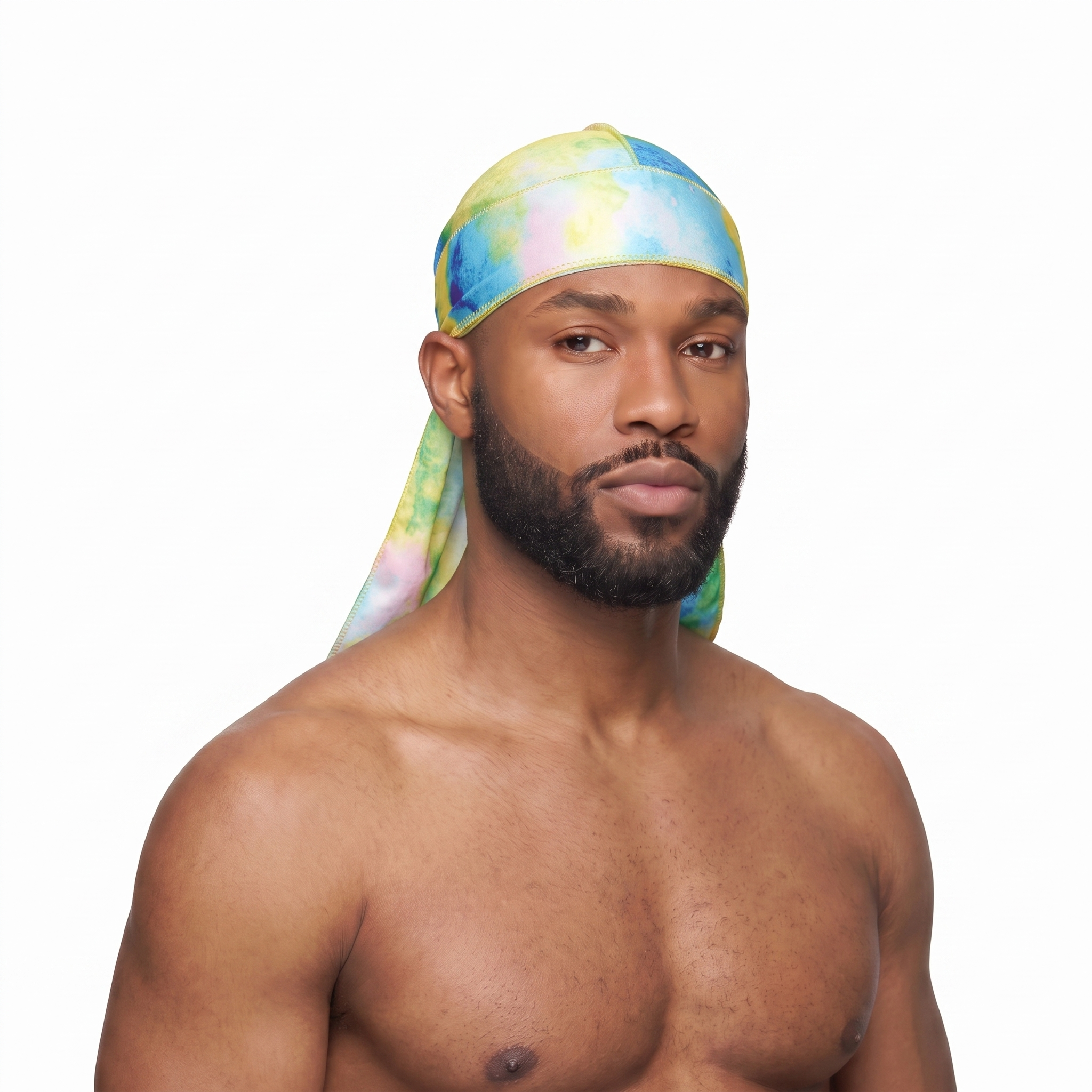 Pastel Island Love Satin Silky Durag worn by male model, front view on white background