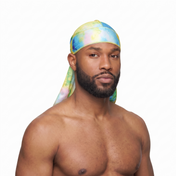 Pastel Island Love Satin Silky Durag worn by male model, front view on white background
