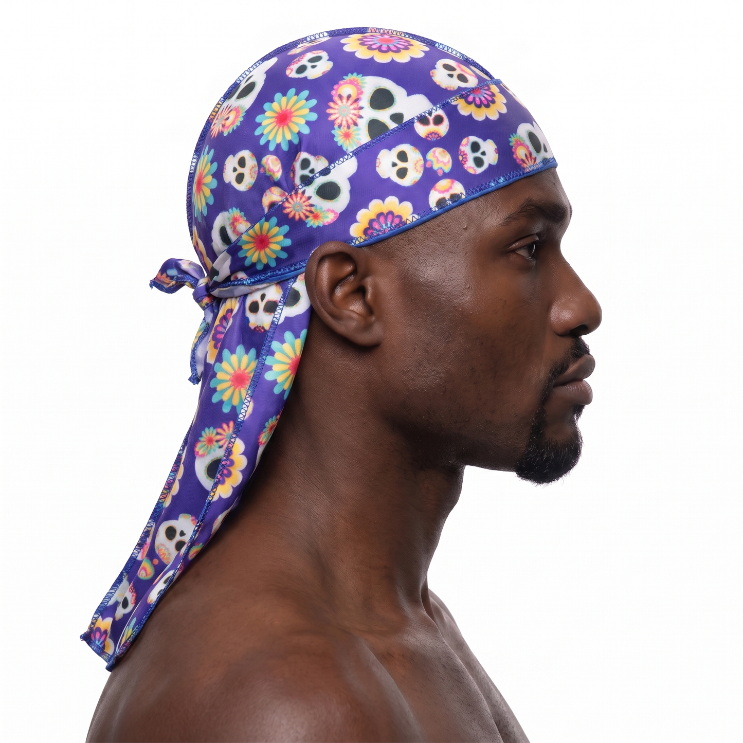 Cinco De Mayo Purple festive Satin Silky Durag worn by male model, side profile showing fit and tail drape