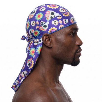 Cinco De Mayo Purple festive Satin Silky Durag worn by male model, side profile showing fit and tail drape