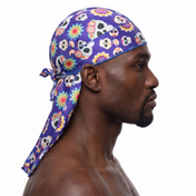Cinco De Mayo Purple festive Satin Silky Durag worn by male model, side profile showing fit and tail drape
