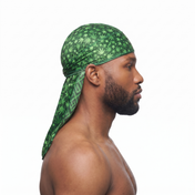 Cannabis Green leaf print Satin Silky Durag worn by male model, side profile showing fit and tail drape