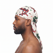 Christmas Time Cream holiday Satin Silky Durag worn by male model, side profile showing fit and tail drape