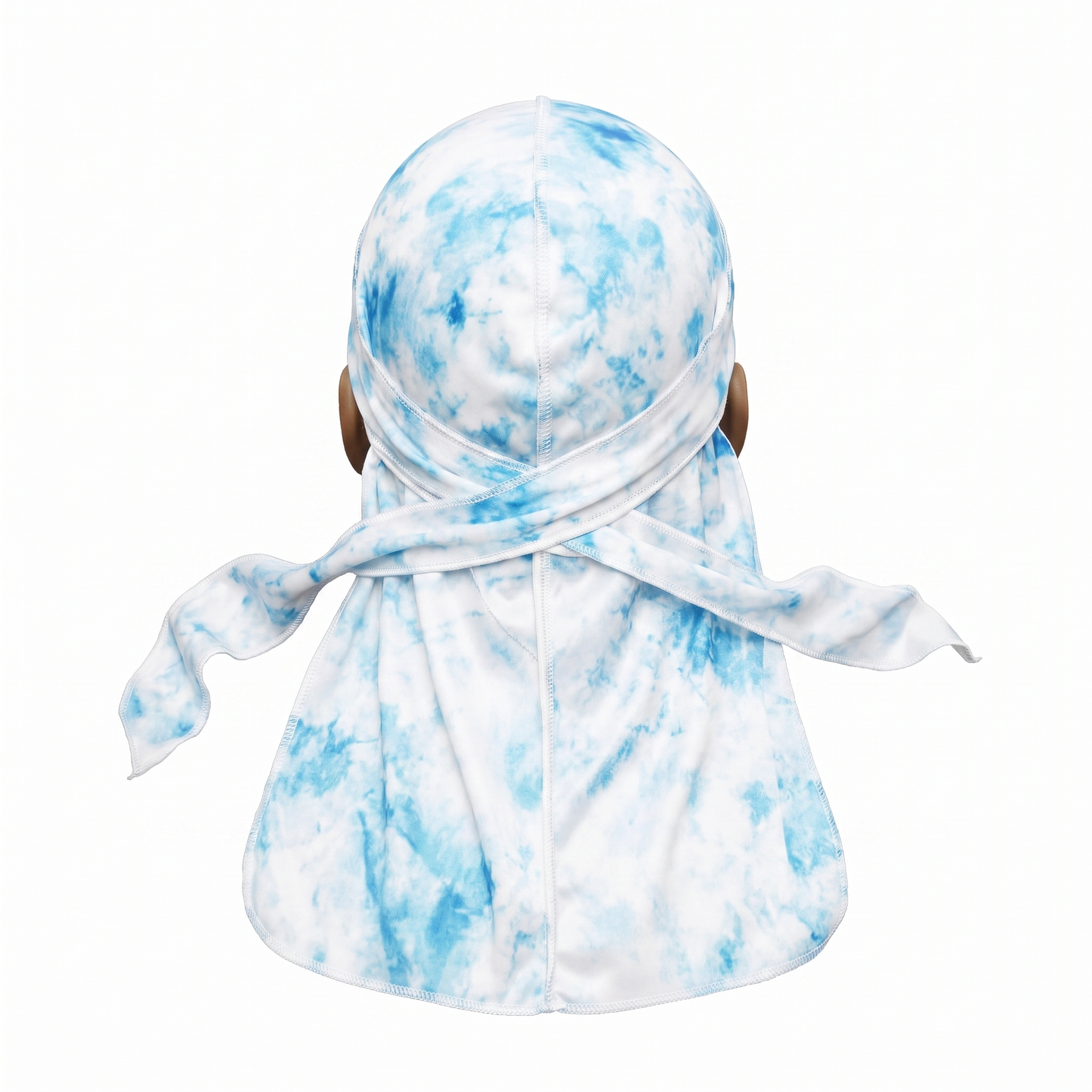 Blue Tye Dye Satin Silky Durag - premium silky durag back view showing wrap straps, tail and stitching