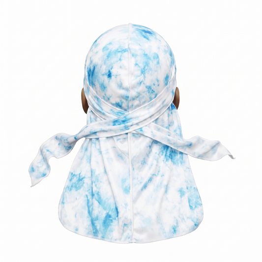 Blue Tye Dye Satin Silky Durag - premium silky durag back view showing wrap straps, tail and stitching