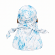 Blue Tye Dye Satin Silky Durag - premium silky durag back view showing wrap straps, tail and stitching
