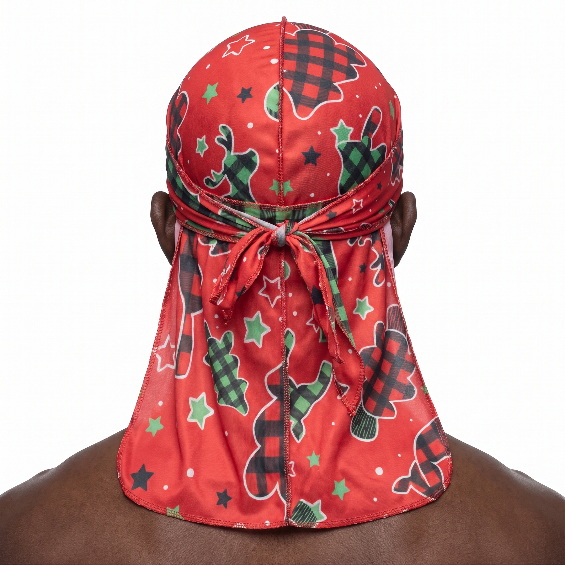 Christmas Time Red holiday Satin Silky Durag worn by male model, back view showing tied wrap and tail