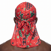 Christmas Time Red holiday Satin Silky Durag worn by male model, back view showing tied wrap and tail
