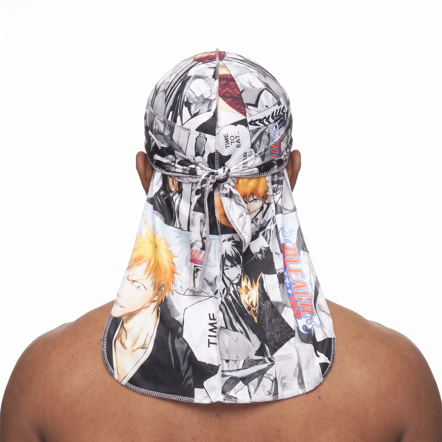 Bleach anime graphic Satin Silky Durag worn by male model, back view showing tied wrap and tail