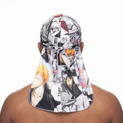 Bleach anime graphic Satin Silky Durag worn by male model, back view showing tied wrap and tail
