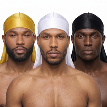 Premium Silk Durag Bundle Gold - three models wearing Gold, White and Black heavy silky durags