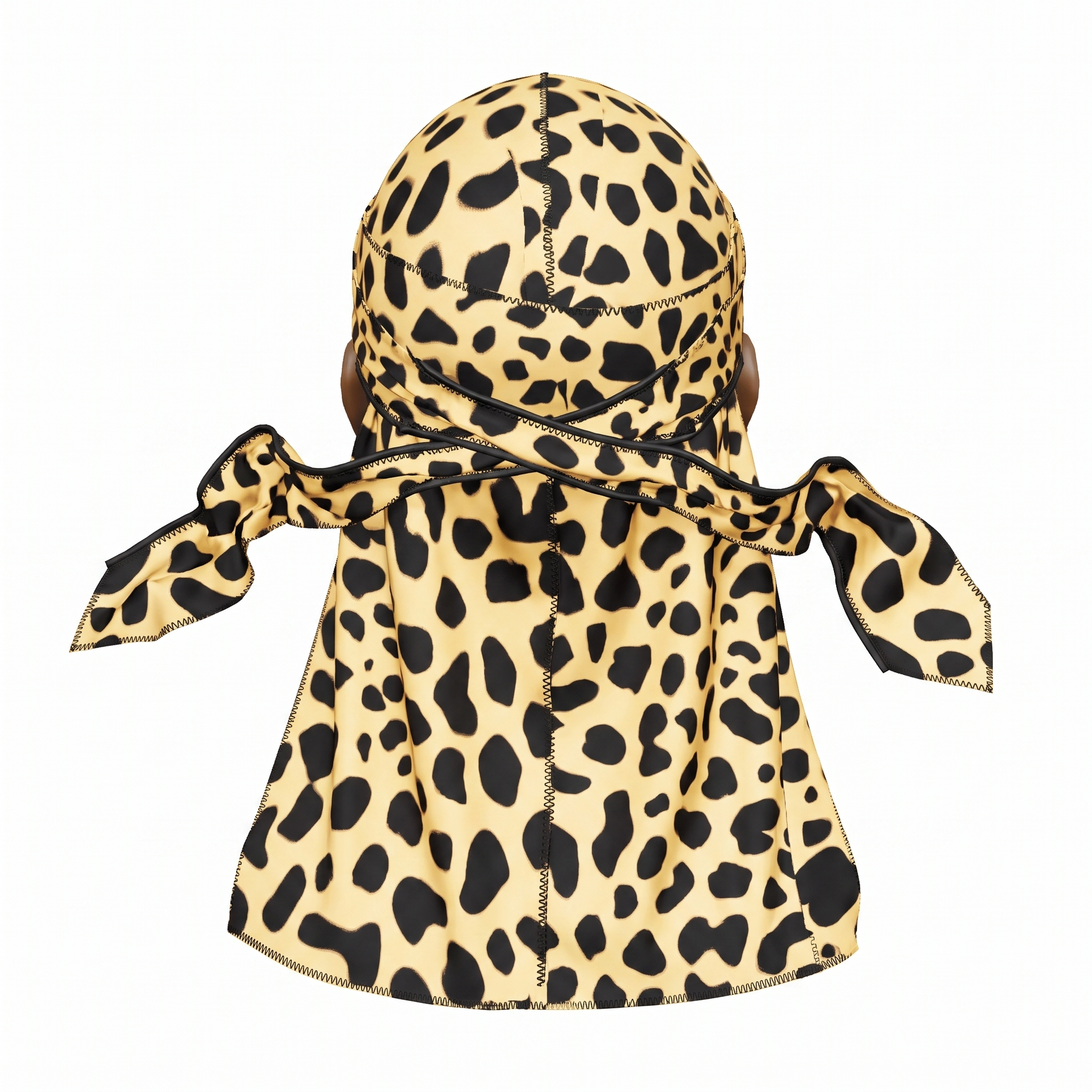 Cheetah spotted animal print Satin Silky Durag - premium silky durag back view showing wrap straps, tail and stitching