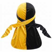 Premium Yellow & Black Velvet Durag - premium velvet durag back view showing wrap straps, tail and stitching