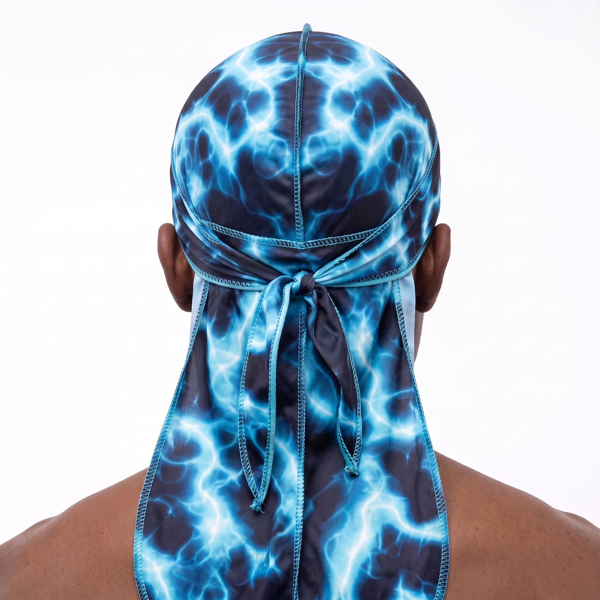 Voltage Blue lightning Satin Silky Durag worn by male model, back view showing tied wrap and tail