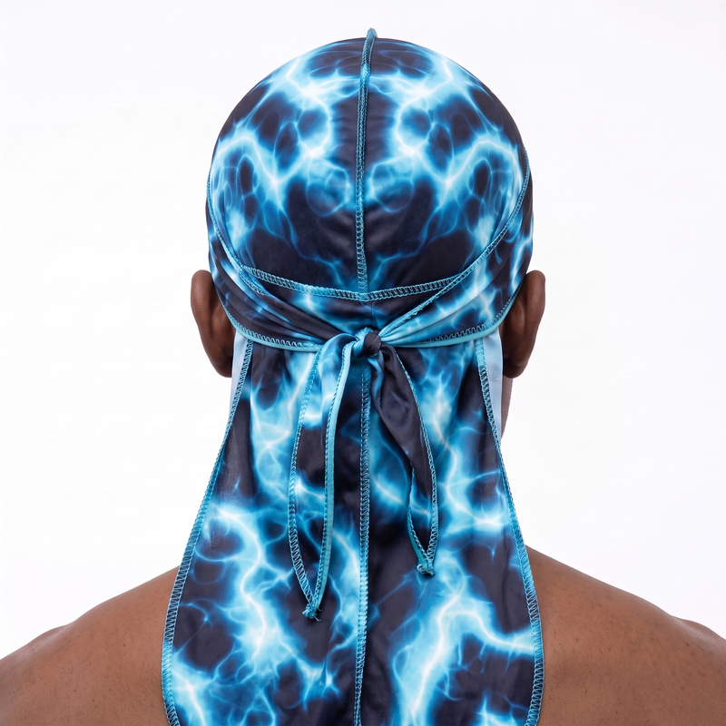 Voltage Blue lightning Satin Silky Durag worn by male model, back view showing tied wrap and tail