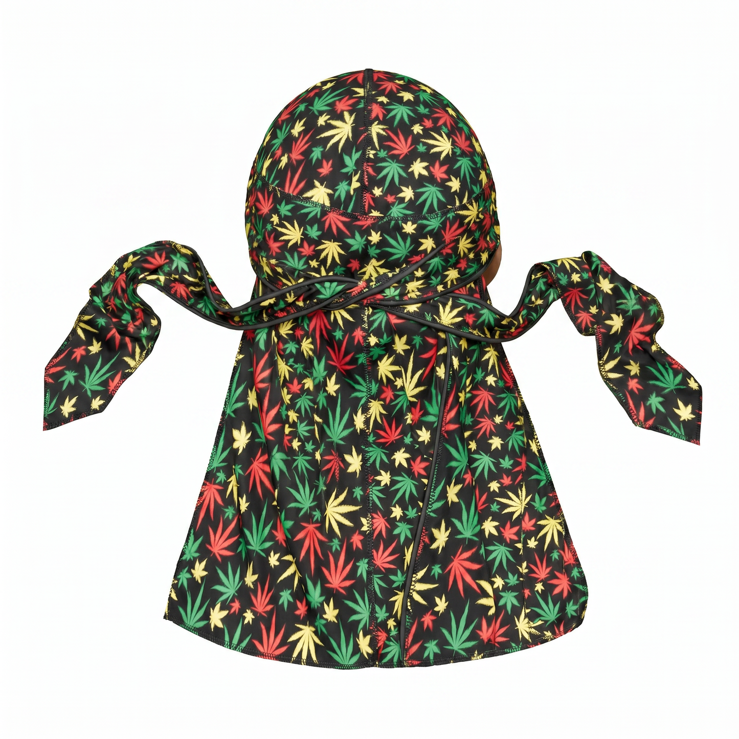 Cannabis Rasta leaf print Satin Silky Durag - premium silky durag back view showing wrap straps, tail and stitching