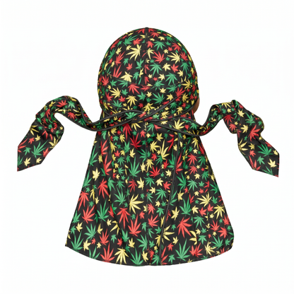Cannabis Rasta leaf print Satin Silky Durag - premium silky durag back view showing wrap straps, tail and stitching
