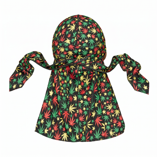 Cannabis Rasta leaf print Satin Silky Durag - premium silky durag back view showing wrap straps, tail and stitching