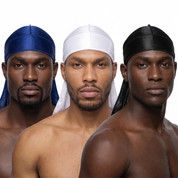 Premium Silk Durag Bundle Navy Blue - three models wearing Navy Blue, White and Black heavy silky durags