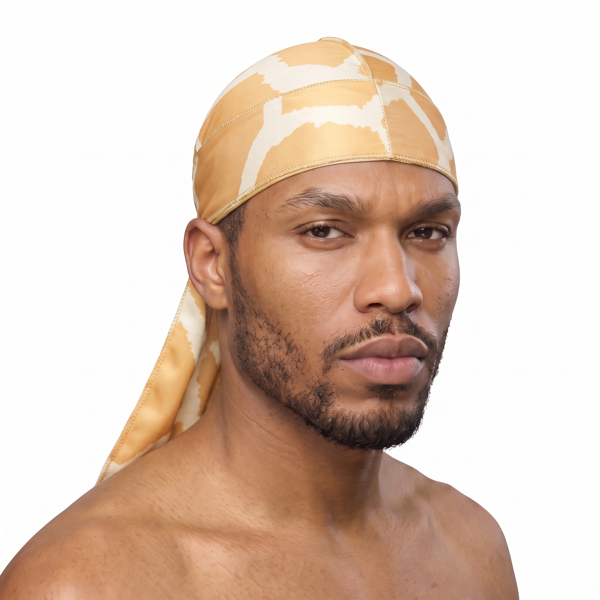 Giraffe animal print Satin Silky Durag worn by male model, front view on white background