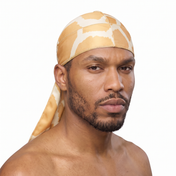 Giraffe animal print Satin Silky Durag worn by male model, front view on white background