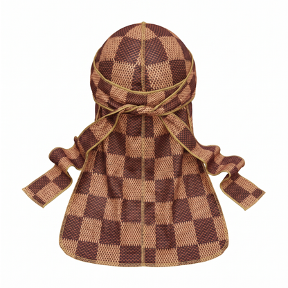 Checkered Brown Satin Silky Durag - premium silky durag back view showing wrap straps, tail and stitching