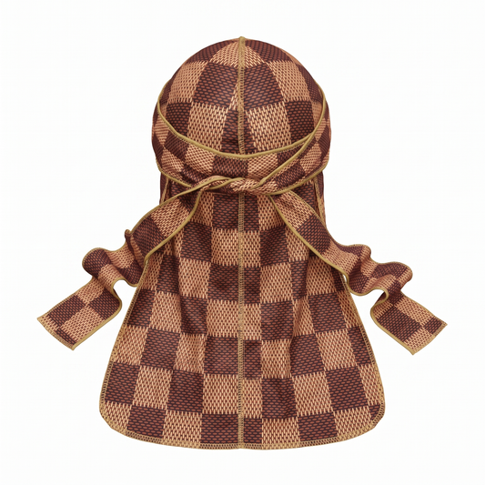 Checkered Brown Satin Silky Durag - premium silky durag back view showing wrap straps, tail and stitching