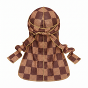 Checkered Brown Satin Silky Durag - premium silky durag back view showing wrap straps, tail and stitching