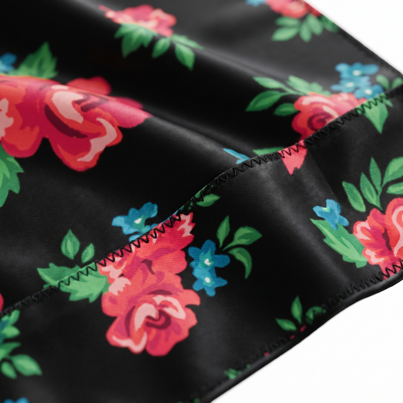 Red Retro Roses floral Satin Silky Durag fabric close-up showing Red Retro Roses floral print and stitching detail