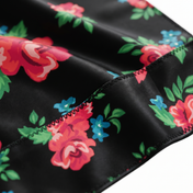 Red Retro Roses floral Satin Silky Durag fabric close-up showing Red Retro Roses floral print and stitching detail